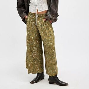 Free People Boho Wide-Leg Pants | Green Flowy Pants | Bohemian Floral Pants